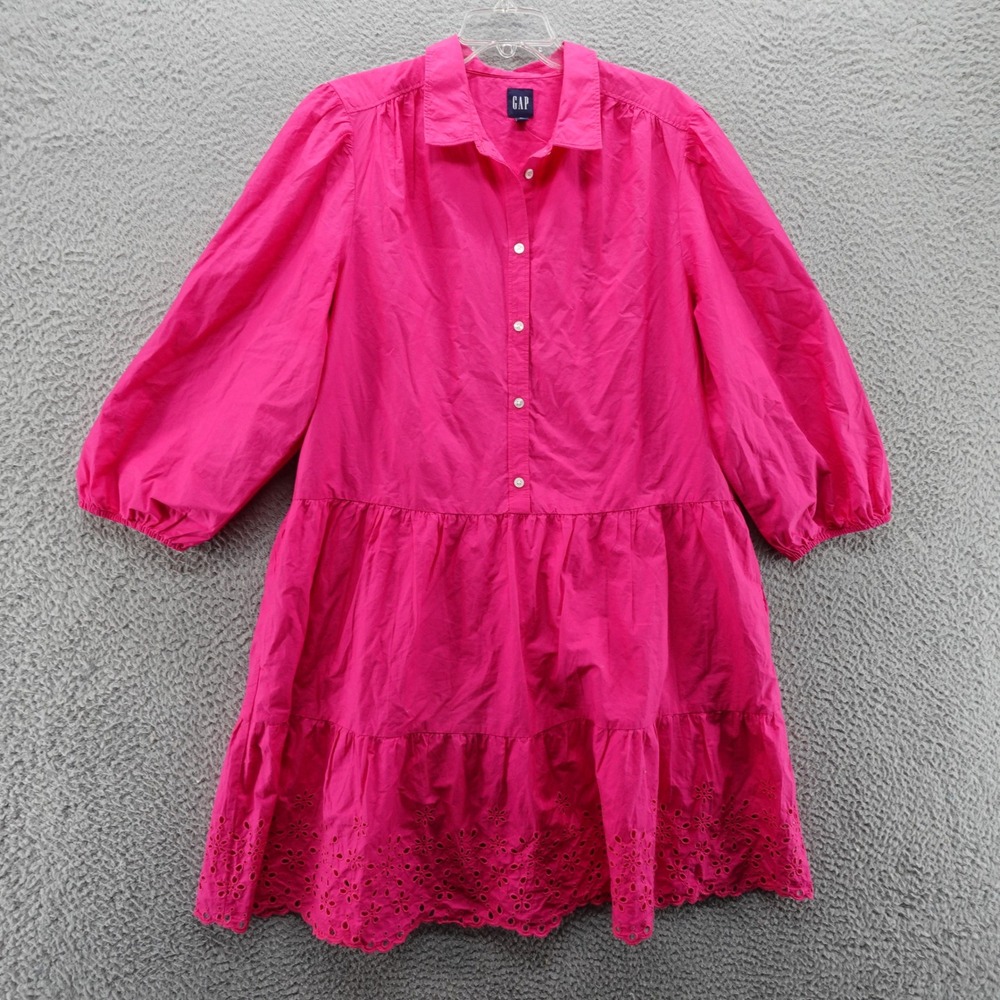 Gap Womens XL Tall Pink Cotton Tiered Shirt Dress Eyelet Hem Pockets